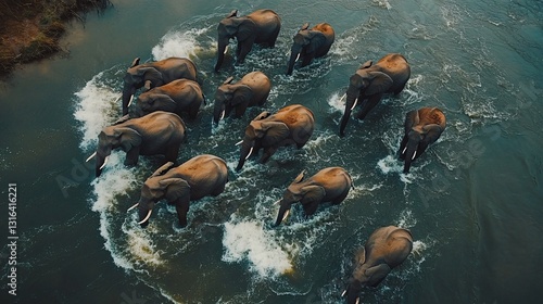 A group of elephants crossing a wide flowing river
