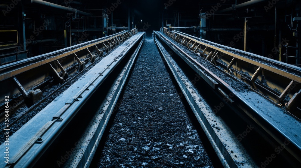 Coal Transport: Industrial Conveyor Belt in Dark Factory Coal Transport: Industrial Conveyor Belt in Dark Factory