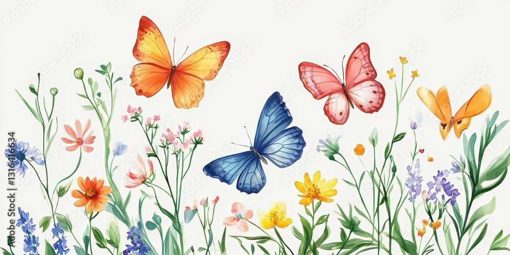 Fototapeta premium Colorful butterflies flying above a variety of blooming wildflowers and plants