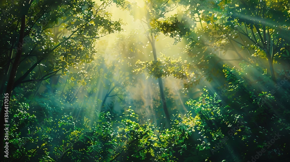 A detailed shot of a painting of a dense forest with sunlight filtering through the trees, set on a solid background.