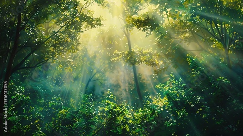 A detailed shot of a painting of a dense forest with sunlight filtering through the trees, set on a solid background.
