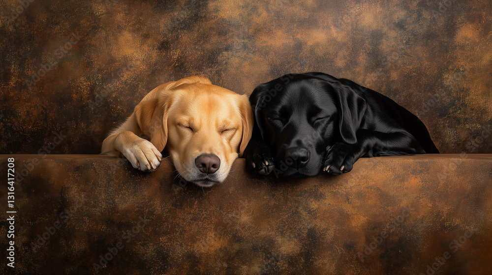 Fototapeta premium golden and black labrador retrievers resting together on a soft surface against a warm-toned background