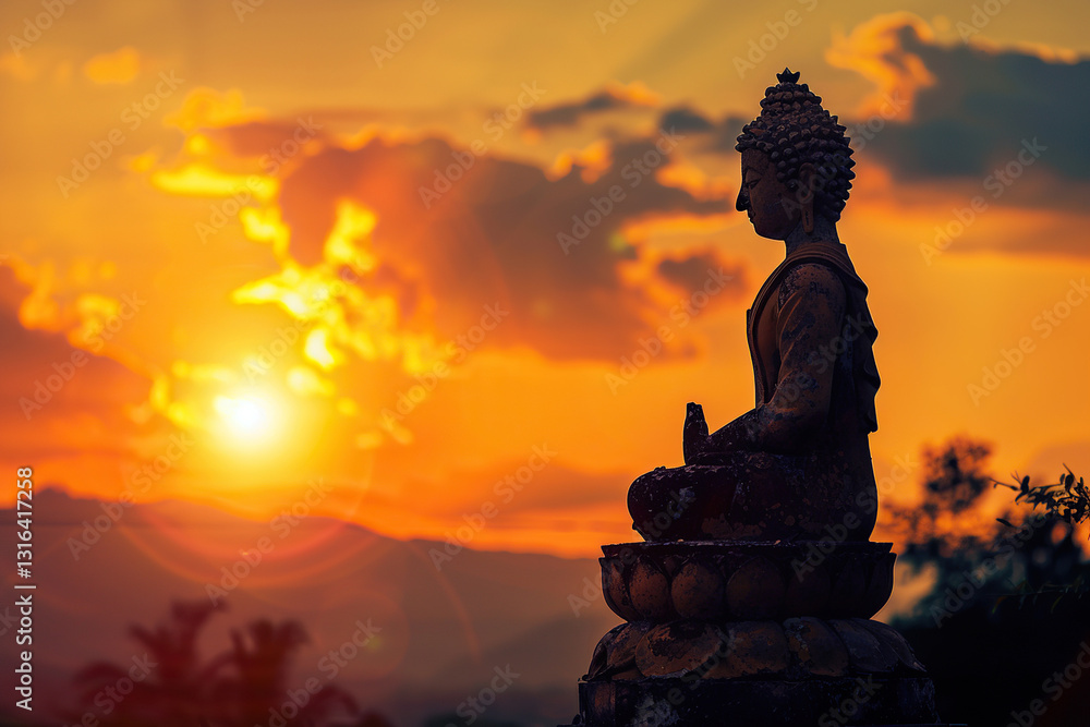 Ancient statue great Buddha on bright holiday composition, abstract vivid composition consists of fictional unreal fantastic vision on background Ancient statue great Buddha on bright holiday composition, abstract vivid composition consists of fictional unreal fantastic vision on background
