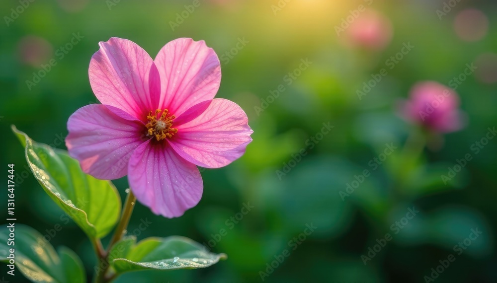 Pink flower with dew-covered leaves and stems in a garden, nature, organic Pink flower with dew-covered leaves and stems in a garden, nature, organic