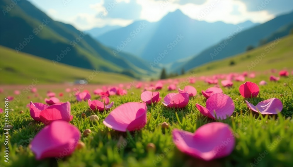 Fototapeta premium Pink rose petals scattered on a serene mountain meadow, grasses, field, flowers