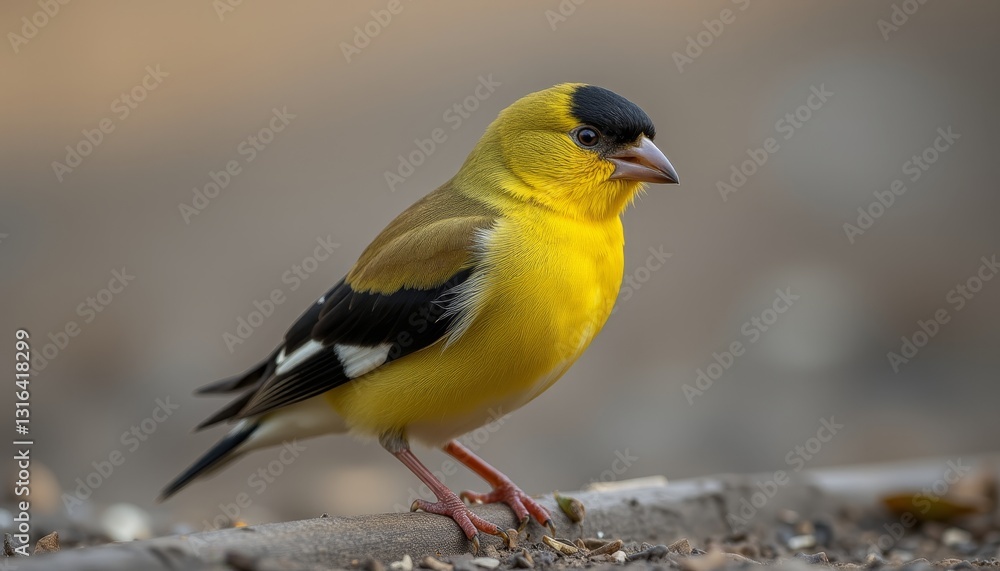 Yellow and Black Bird with a Short Beak and Red Legs on a Rock Yellow and Black Bird with a Short Beak and Red Legs on a Rock