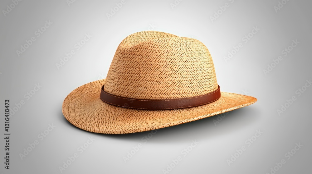 A stylish straw hat with a brown band, perfect for sunny days and outdoor activities. A stylish straw hat with a brown band, perfect for sunny days and outdoor activities.