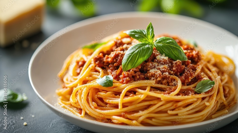 A vibrant, steaming bowl of Spaghetti Bolognese, adorned with fresh basil leaves, rests majestically on a white ceramic plate, captured from an aerial perspective, showcasing the dish in all its A vibrant, steaming bowl of Spaghetti Bolognese, adorned with fresh basil leaves, rests majestically on a white ceramic plate, captured from an aerial perspective, showcasing the dish in all its