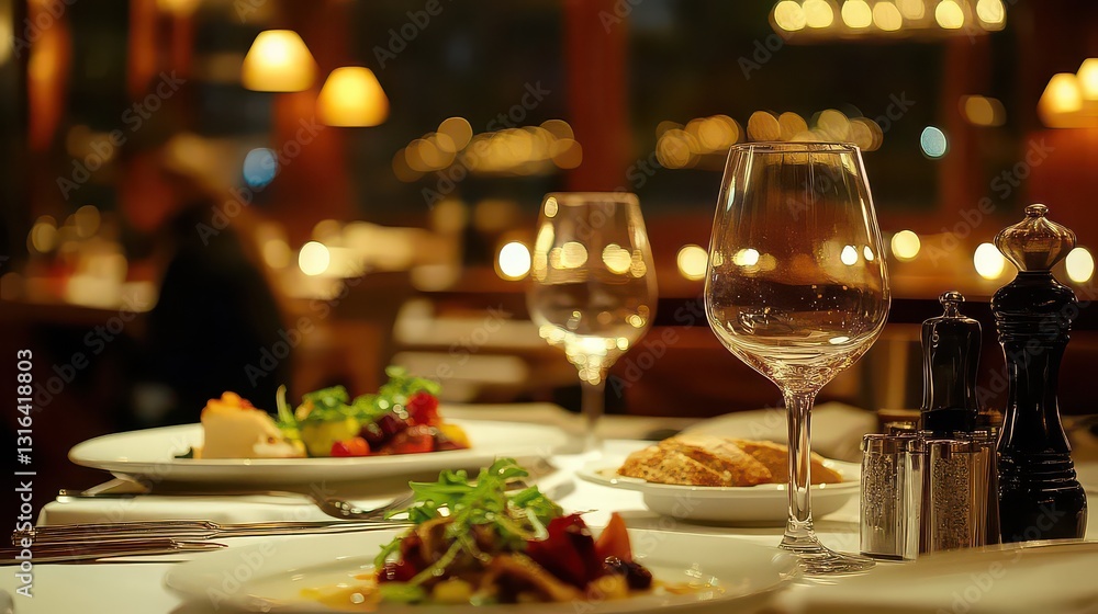 Sophisticated gourmet meal presentation in a high-end fine dining setting with warm ambient lighting. Sophisticated gourmet meal presentation in a high-end fine dining setting with warm ambient lighting.
