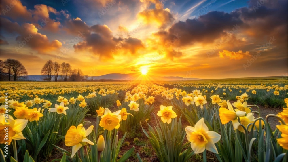 Fototapeta premium Daffodil Field at Sunset with Vibrant Sky and Scenic Landscape