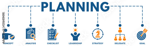 Planning banner web icon vector illustration concept with icon of concept, analysis, checklist, leadership, strategy, delegate, goal 