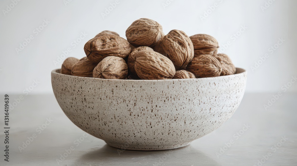 A studio shot reveals a minimalist bowl overflowing with glistening walnut halves bathed in the soft glow of 4K lighting against a stark white backdrop, capturing the natural beauty of these A studio shot reveals a minimalist bowl overflowing with glistening walnut halves bathed in the soft glow of 4K lighting against a stark white backdrop, capturing the natural beauty of these