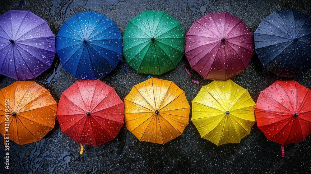 Naklejka premium Colorful umbrellas in rain, top view, wet pavement, city background. Possible use stock photo for weather, travel, or advertising