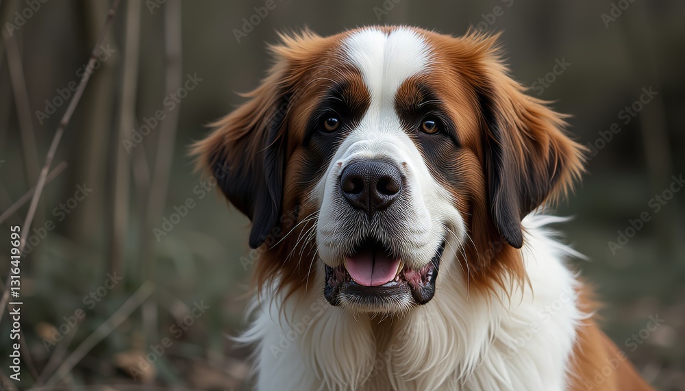 Contented Saint Bernard with a tricolor coat and a relaxed demeanor in a natural setting Contented Saint Bernard with a tricolor coat and a relaxed demeanor in a natural setting