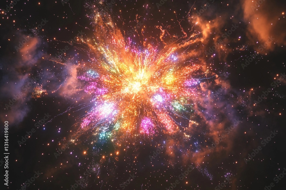 Cosmic explosion showcasing vibrant colors and swirling particles in deep space Cosmic explosion showcasing vibrant colors and swirling particles in deep space
