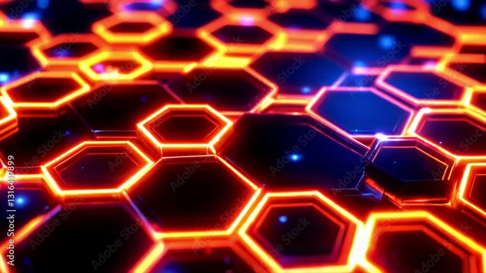 Futuristic Hexagonal Grid: Glowing Orange and Blue Lights in High-Tech Design Futuristic Hexagonal Grid: Glowing Orange and Blue Lights in High-Tech Design