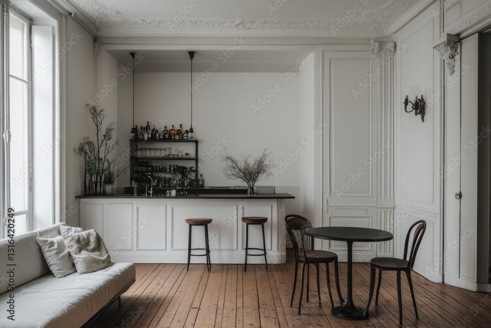 Fototapeta premium Minimalist apartment interior with bar, seating, and hardwood floors.