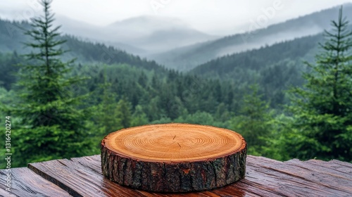 Wood slice on planks, green forested misty mountain backdrop. Nature display