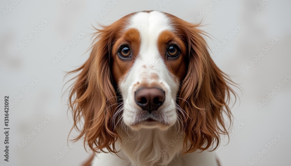 Poised Spaniel with Brown and White Coat and Floppy Ears Staring Directly into the Camera Poised Spaniel with Brown and White Coat and Floppy Ears Staring Directly into the Camera
