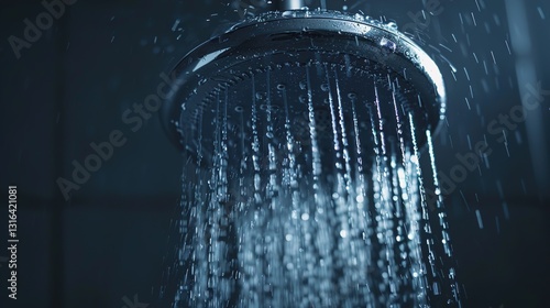 A detailed shot of a water-saving device in action, such as a low-flow showerhead, displayed against a solid background.