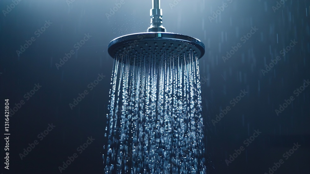 A detailed shot of a water-saving device in action, such as a low-flow showerhead, displayed against a solid background.