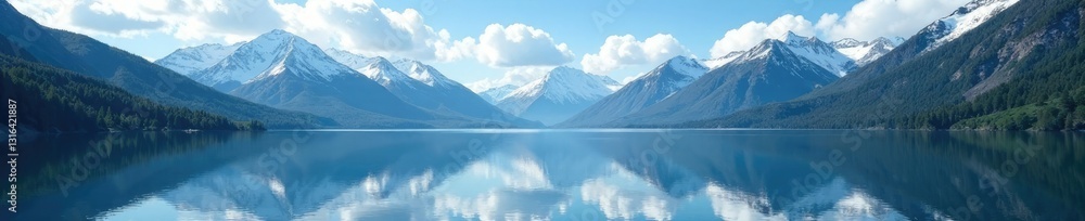 Fototapeta premium serene lake surface reflected snow-capped mountains, calm, mountain