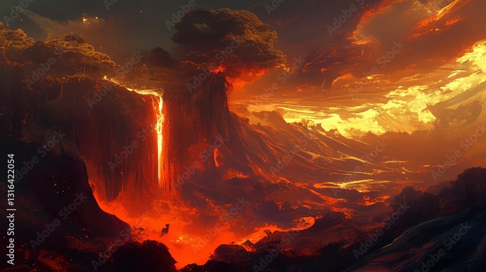 Fototapeta premium Fiery Lava Waterfall in a Surreal Volcanic Landscape