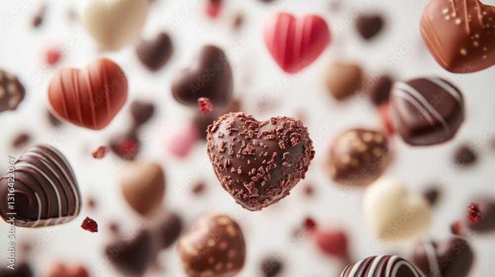 Fototapeta premium A vibrant tableau of chocolate, where an assortment of shapes and sizes, from delicate hearts to playful swirls, defied gravity, floating against the stark white backdrop, creating an abstract