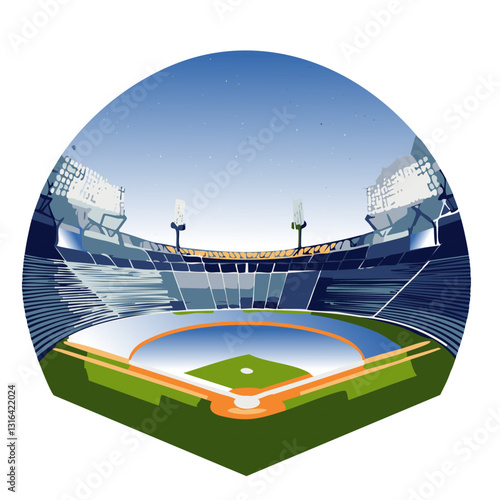 A modern vector illustration of a baseball stadium with bright floodlights, showcasing a wide view of the field and seating under a clear sky.

