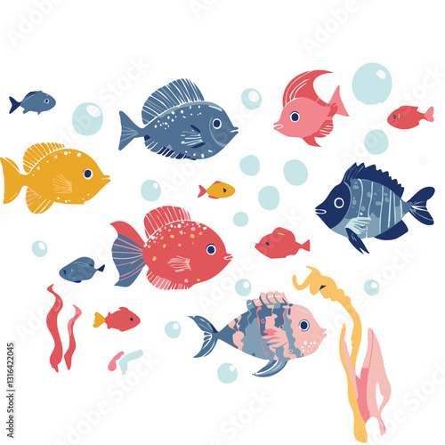 A playful vector illustration of an underwater scene featuring colorful tropical fish swimming among coral reefs and sea plants.

