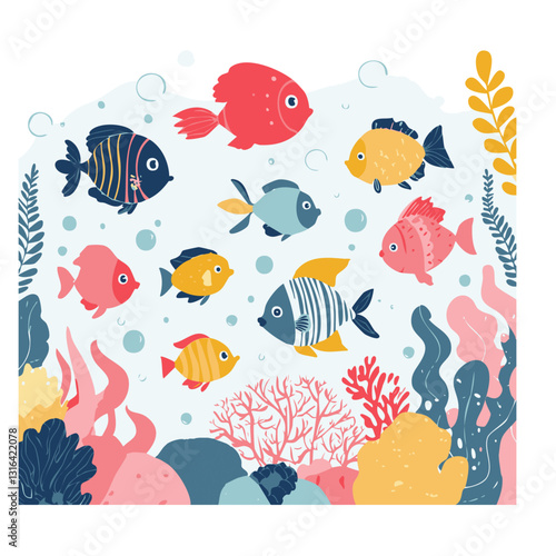 A playful vector illustration of an underwater scene featuring colorful tropical fish swimming among coral reefs and sea plants.

