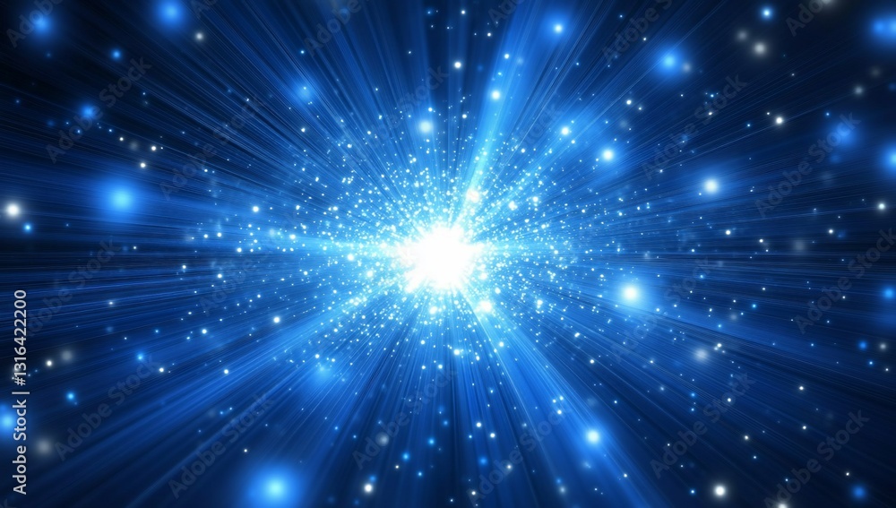 Cosmic explosion, digital, radiant, blue rays, glowing stars Cosmic explosion, digital, radiant, blue rays, glowing stars