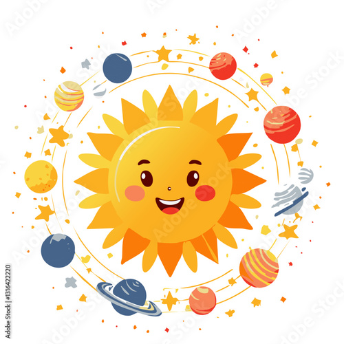 A cheerful vector illustration of a smiling sun surrounded by planets, stars, and fluffy clouds in a playful cosmic theme.

