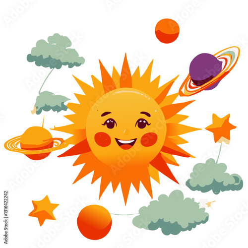 A cheerful vector illustration of a smiling sun surrounded by planets, stars, and fluffy clouds in a playful cosmic theme.


