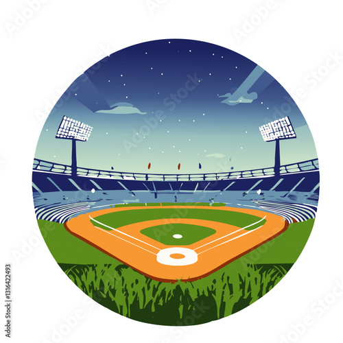 A stylized vector illustration of a baseball stadium at night, illuminated by bright floodlights under a starry sky.

