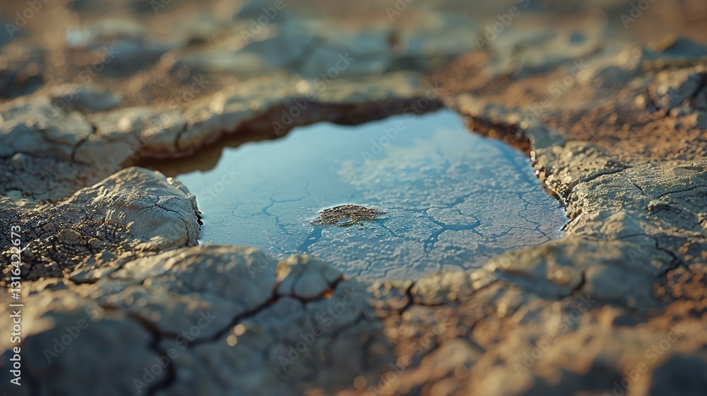 A detailed shot of a water reservoir reduced to a small puddle in the middle of a dry basin.