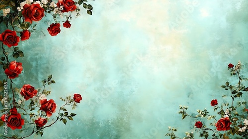 Red roses climb vines on a textured green painted backdrop for wedding invitation and card design