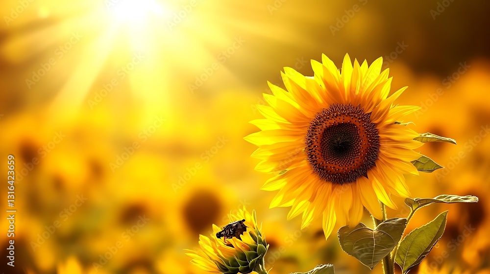 Fototapeta premium Sunflower field basking in sunlight, bee pollinating, golden bokeh, for nature or summer content
