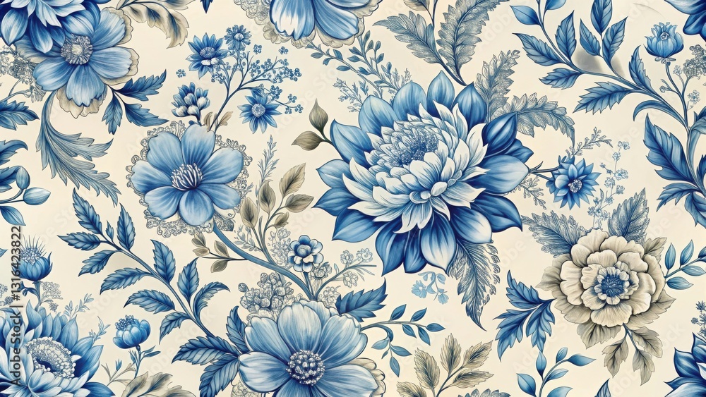 Elegant Blue Floral Pattern with Leaves on Soft Cream Background Elegant Blue Floral Pattern with Leaves on Soft Cream Background