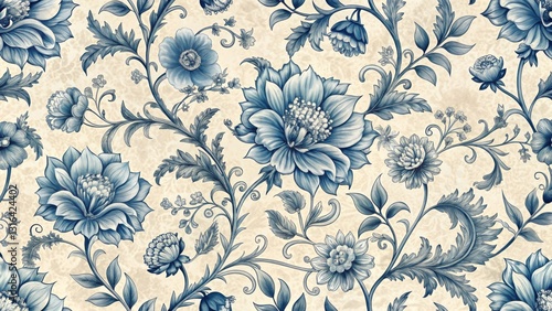 Elegant Floral Pattern in Blue Tones for Textile Design