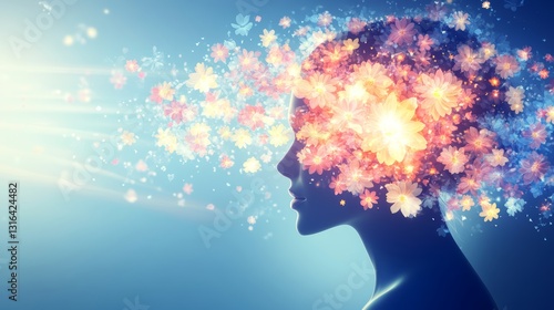 Floral Mind: Woman Profile with Blossoms 