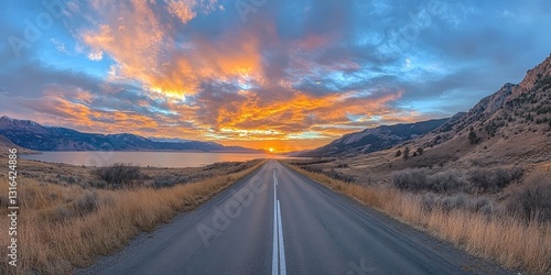 A pristine long road stretches across a lush green field, flanked by a striking white line running parallel on its right edge, inviting endless possibilities beyond