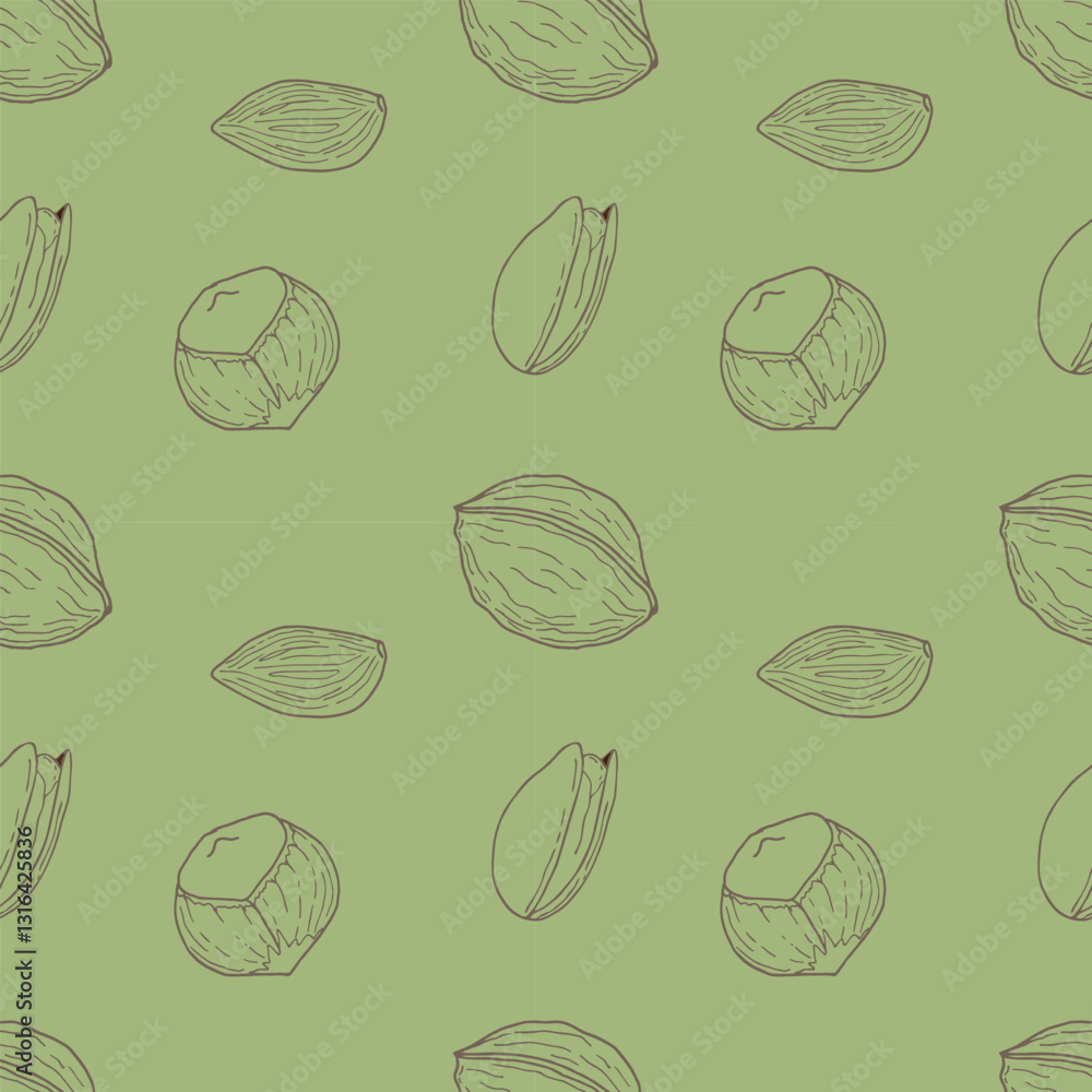 Healthy lifestyle. Healthy nutrition with nuts and seeds, seamless pattern with walnut, hazelnut, pistachio and almond. On green background. Vector illustration Healthy lifestyle. Healthy nutrition with nuts and seeds, seamless pattern with walnut, hazelnut, pistachio and almond. On green background. Vector illustration
