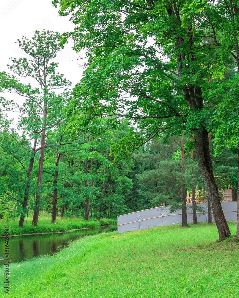 Park with a river running through it and a bridge over the water