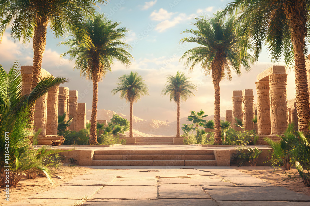 Ancient Stone Podium with Carvings Surrounded by Desert Oasis and Palms Ancient Stone Podium with Carvings Surrounded by Desert Oasis and Palms