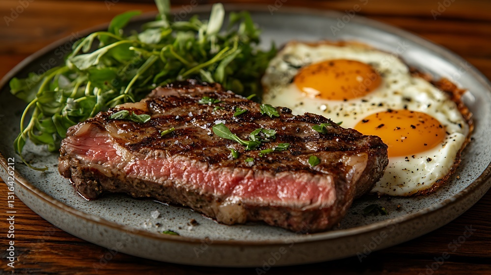 Grilled steak with fried eggs and greens. Grilled steak with fried eggs and greens.