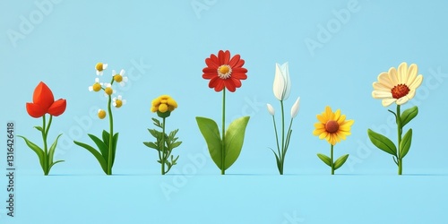 Various colorful stylized cartoon flowers arranged on a blue background