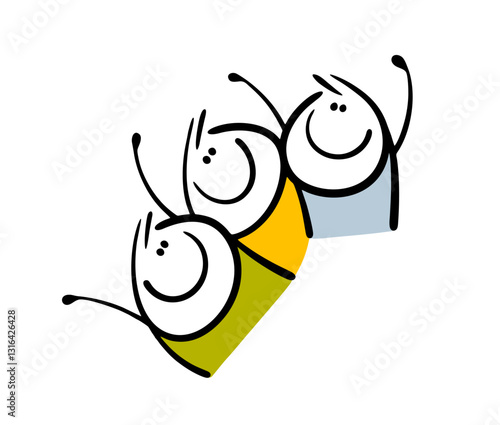 Teenagers having fun at a party. Group of people dancing, celebrating. Crowd of happy people, a dream team. Funny doodle cartoon isolated on white background.