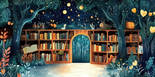 An Enchanted Forest Library Under A Beautiful Starry Night