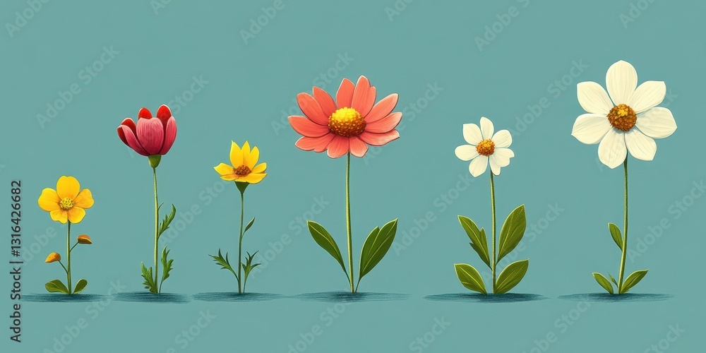 Five colorful flowers with different shapes and hues are standing